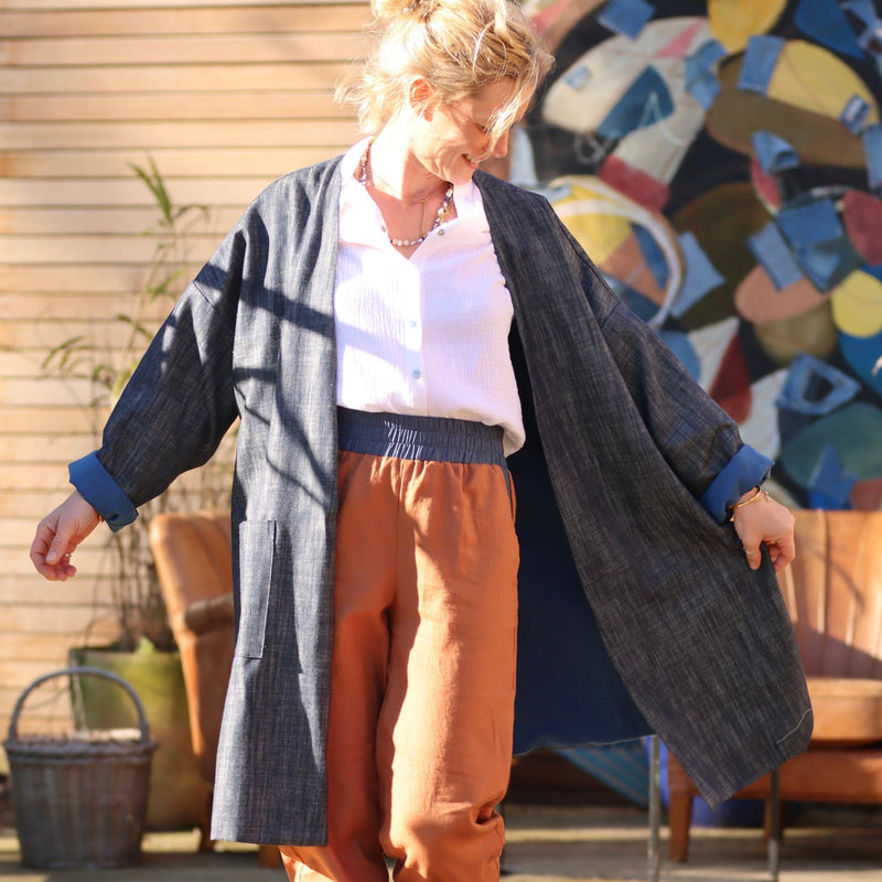 Veste Kimono Aiko en jean coton/lin indigo - Quintessence