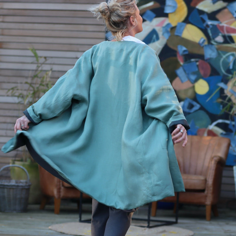 Veste Kimono Aiko en vert doux/lin gris ardoise - Quintessence